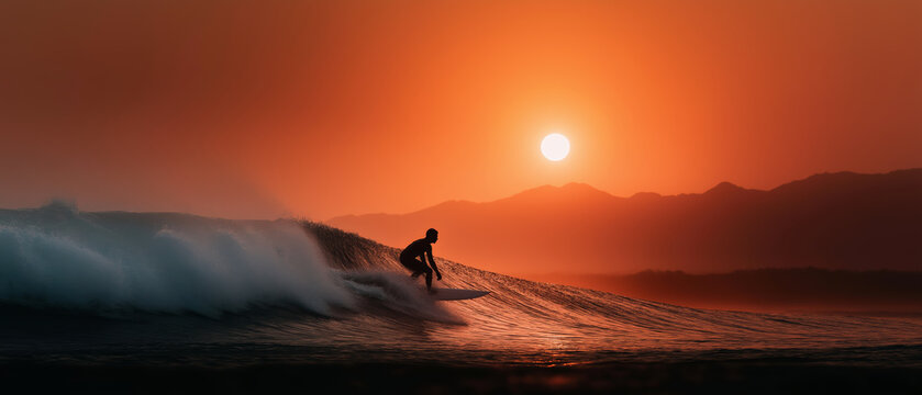 Surfing at sunset thrilling waves beach serene view