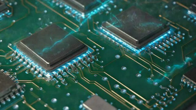 Glowing circuit pathways light up across an electronic board, focusing on microchip activity &mdash; advanced tech loop in 4K.