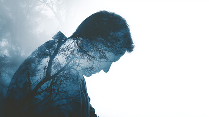 Man in deep thought overlaid with forest branches, symbolizing mental health, depression, inner struggle, and emotional connection to nature in a conceptual double exposure.