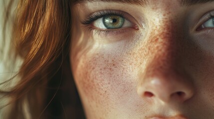 Fototapeta premium closeup portrait of freckled woman with green eyes and red hair