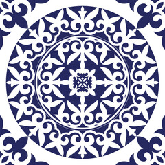 Seamless pattern in traditional style Portuguese tiles. Luxury blue and white seamless square pattern with decorative circular damask ornament, arabesque, floral elements. Ornament for ceramic tile.