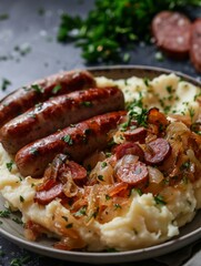 A hearty Dutch stamppot, creamy mashed potatoes mixed with tangy sauerkraut and served with a juicy smoked sausage.