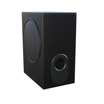 A sleek black rectangular subwoofer speaker with a large circular cone and a bass port, designed for enhanced low-frequency audio output.