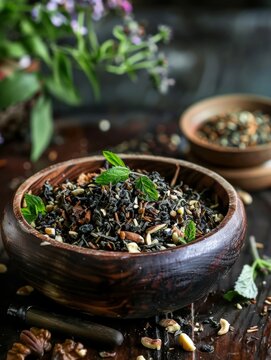 A vibrant Burmese lahpet thoke, a unique salad featuring fermented tea leaves, nuts, seeds, and fresh toppings served in a wooden bowl.