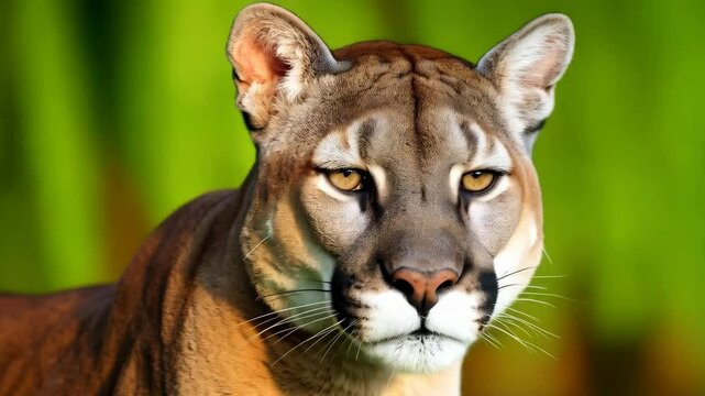 Adult cougar close-up portrait showcasing its face and fur in the soft light, with a blurred green and brown background