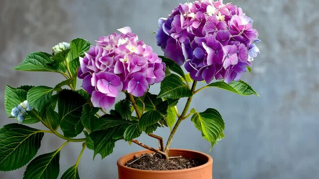 Small purple flower is sitting in a small pot on a table. The flower is a vibrant shade of purple and is the focal point of the image. The pot is brown and has a simple design
