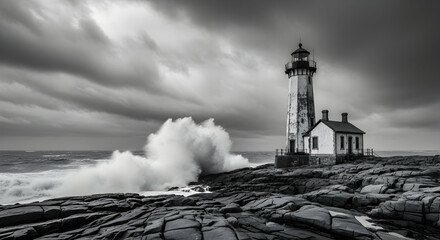 Dramatic Monochrome Coastal Landscape with Lighthouse and Crashing Waves