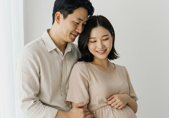 Korean Husband and Pregnant Wife, Asian Couple Expecting Baby, Korean Pregnant Couple Photo, Maternity Image of Asian Husband and Wife, Expecting Parents Together