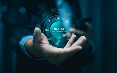 Futuristic digital transformation interface hovering above businessman hand, showing innovation, technology icons, and data connectivity for business growth, automation, and AI integration