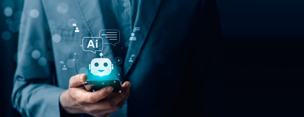 AI chatbot virtual assistant on mobile device for customer support, futuristic smart technology...