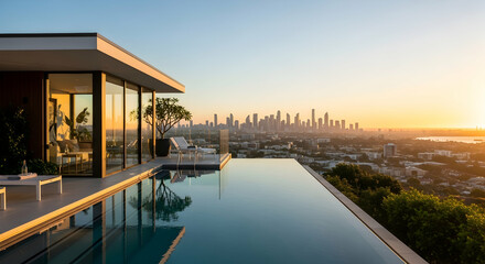 Fototapeta premium Spectacular Infinity Pool With City Skyline at Dusk On Luxurious Penthouse