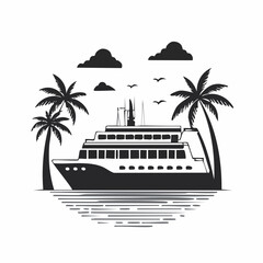 Obraz premium black and white image of ferry and coconut trees in the sea photographed from the back angle