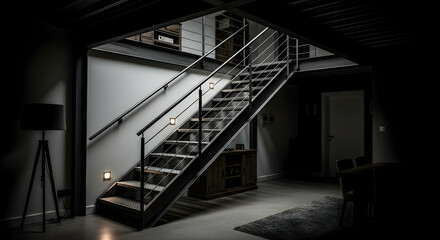 Obraz premium Modern Interior With Steel Staircase And Subdued Lighting Design Concept
