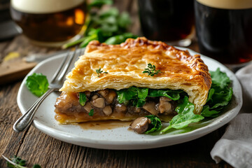 A mouthwatering photograph of an English pie with greens and a tilted mushroom sauce