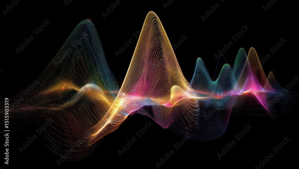 Poster holographic patterns visualized as soundwaves, formed by the pulsating rhythms of data in digital sp