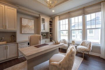 Stylish home office with a spacious desk, comfortable chair, and neutral tones for an elegant feel.