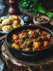 Hungarian goulash, a rich beef stew simmered with paprika in a rustic pot, served with fluffy potato dumplings.
