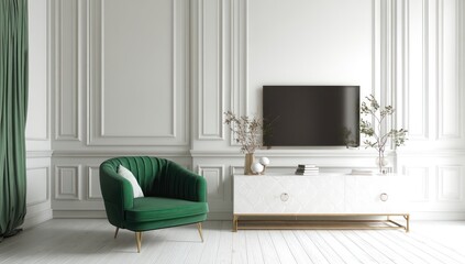 Sophisticated living room featuring a green armchair, sleek TV unit, and clean white walls.