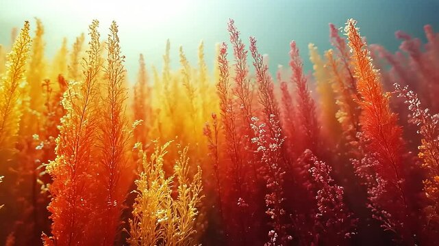 Vibrant Autumnal Floral Display: A Field of Heather in Warm Hues and Soft Light