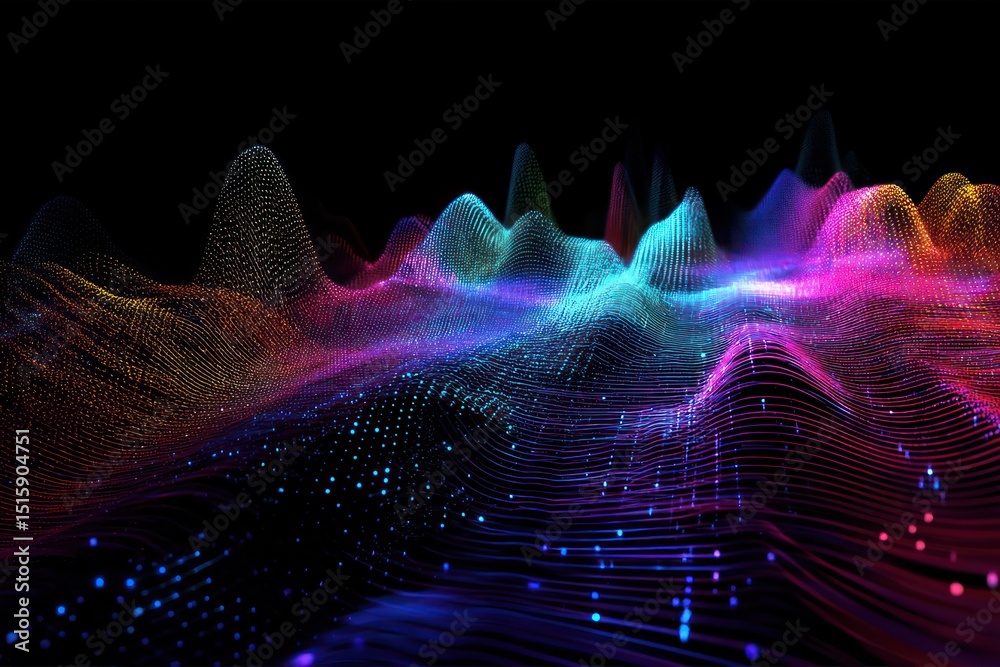 Poster holographic patterns of soundwaves formed from pulsing data waves in a high-tech digital format.