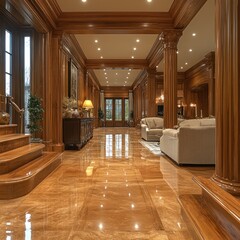 Grand Mansion Interior: Opulent Woodwork and Gleaming Floors