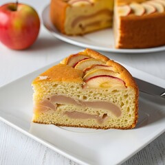 Close-up of a slice of homemade Russian apple charlotte cake with visible baked apple chunks, served on a square white ceramic plate with soft background blur.