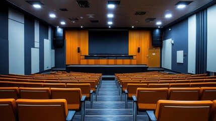 empty auditorium with orange seats and modern design