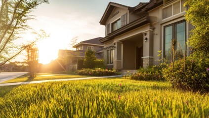 Newly built home with green grass, sunlight, and an inviting modern exterior design.