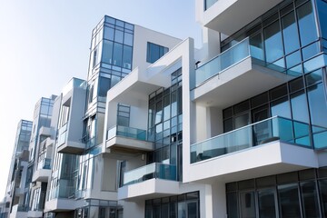 Exterior of a modern apartment building with a combination of white walls and glass elements.