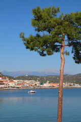 Idyllic view at greek village at the sea with pine tree (Gythio, Greece)
