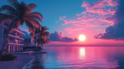 Tropical Paradise Sunset:  Luxury Beachfront Resort at Dusk