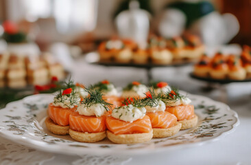 Catering table with salmon canapes. Vibrant yellow and white color combination, with fish and dill cream on mini tartlets