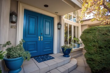 Blue front entry door enhancing the modern look of a homes exterior with a welcoming touch.