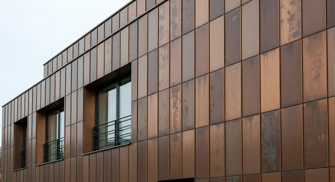Oxidized Copper Building Fa?ade With Rectangular Panels And Modern Architecture