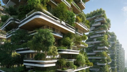 Futuristic city design with buildings equipped with gardens on balconies for green living.