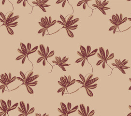 A seamless repeating botanical pattern featuring stylized leafy vines in rich burgundy with soft ochre accents on a muted beige background