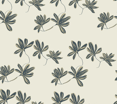 A seamless repeating pattern featuring stylized leafy vines in deep navy with soft ochre outlines, set against a warm cream background