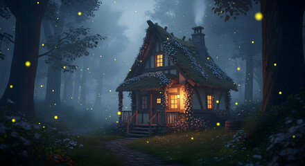 Obraz premium Enchanted Cottage Glows Amidst Mystical Fireflies In A Dark Forest