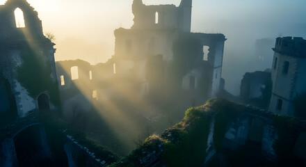 Fototapeta premium Mystical Ruins Ancient Castle Lit by Sunrays Covered in Thick Mist
