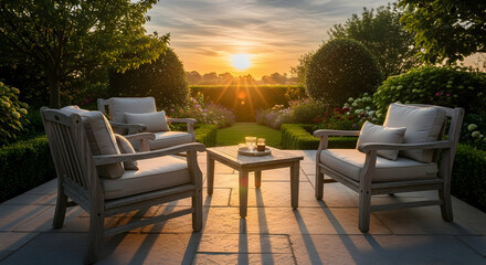 Naklejka premium Relaxing Seating in Tranquil Garden at Sunset with Golden Light