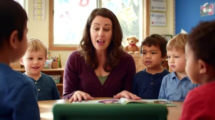 Kindergarten, children and teacher reading a story in montessori school, classroom and learning. Kids, fairytale and woman teaching language with creative fantasy stories in preschool education - Powered by Adobe