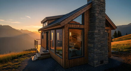 Fototapeta premium Modern Mountain Cabin At Sunset Surrounded By Majestic Mountain Ranges