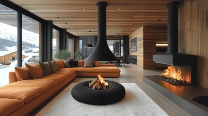 Luxury Mountain Chalet Living Room with Stunning Fireplace and Views
