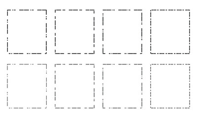 Set of rectangle shapes with dashed lines. Dotted geometric figures isolated on white background. Cut here pictograms for paper coupons or sale tags. Vector outline illustration