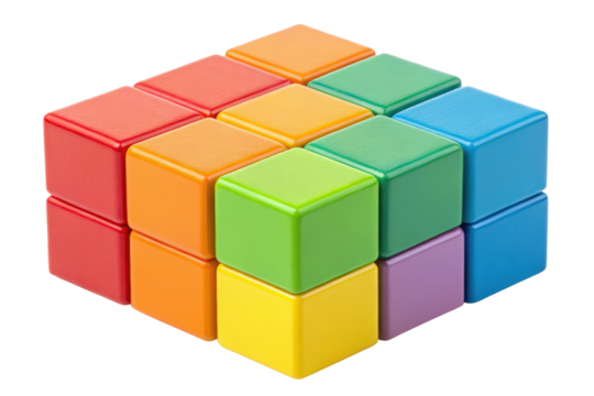 Colorful interlocking plastic toy blocks form a cube shape isolated with transparent background
