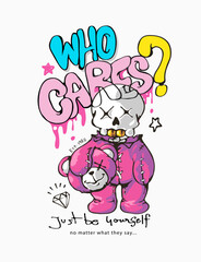 who cares slogan with cartoon line art skull in pink mascot vector illustration hand drawn  - not auto trace