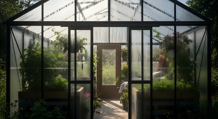 Fototapeta premium Inviting Greenhouse Interior With Abundant Plants And Natural Light Streaming Through Glass