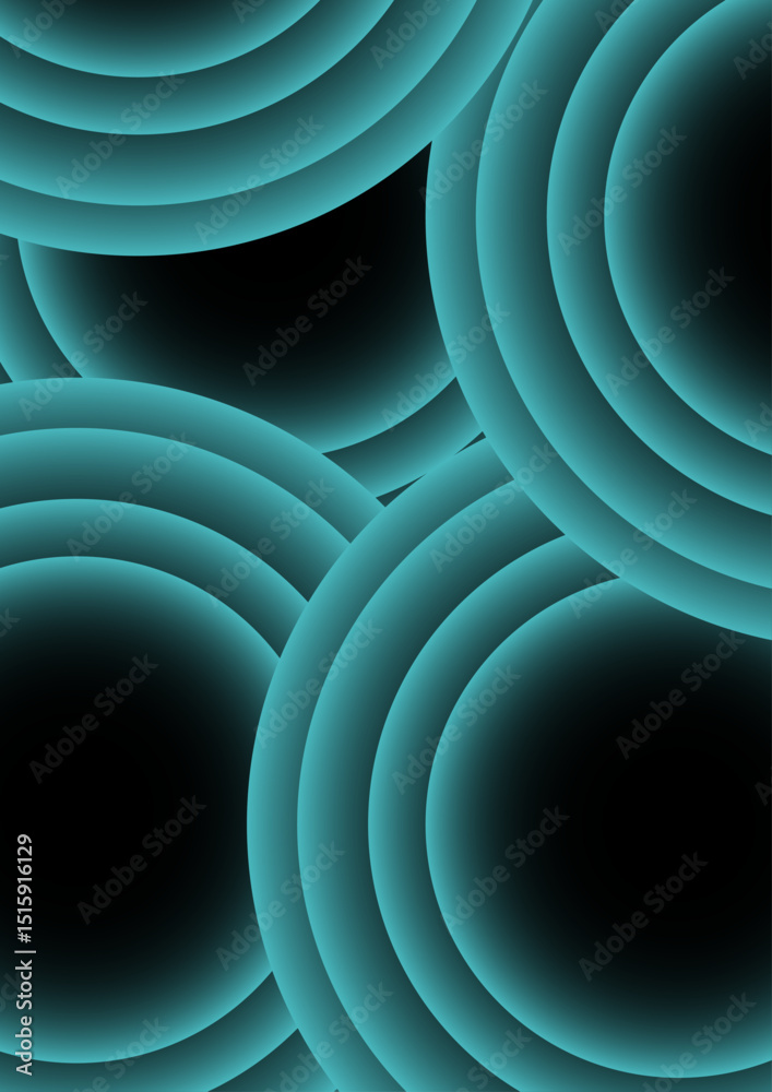 Poster Abstract digital artwork with concentric circular arcs in a soft teal glow in deep black background. Rhythmic and geometric pattern with diffused neon glow and futuristic and luminous light art.
