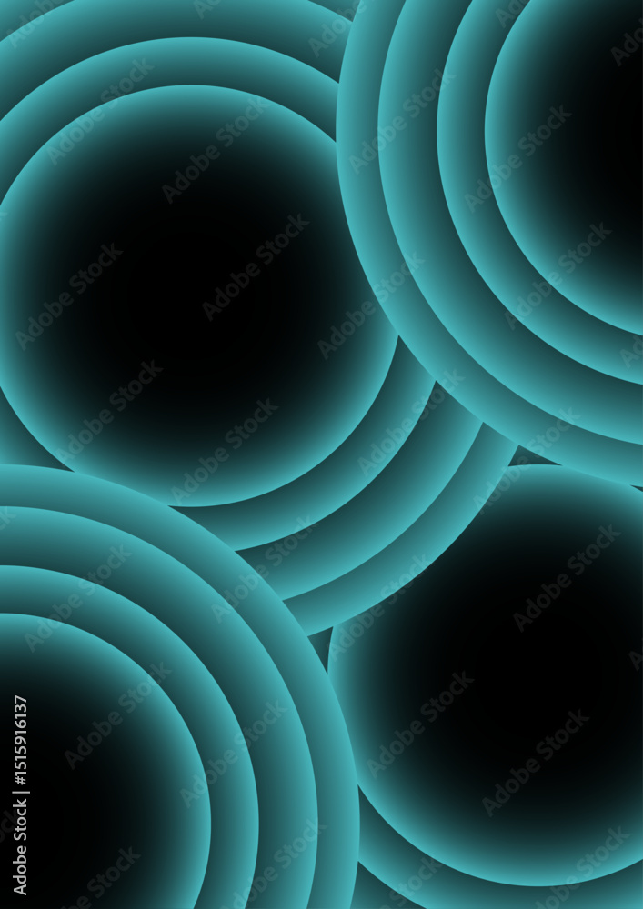 Poster Abstract digital artwork with concentric circular arcs in a soft teal glow in deep black background. Rhythmic and geometric pattern with diffused neon glow and futuristic and luminous light art.