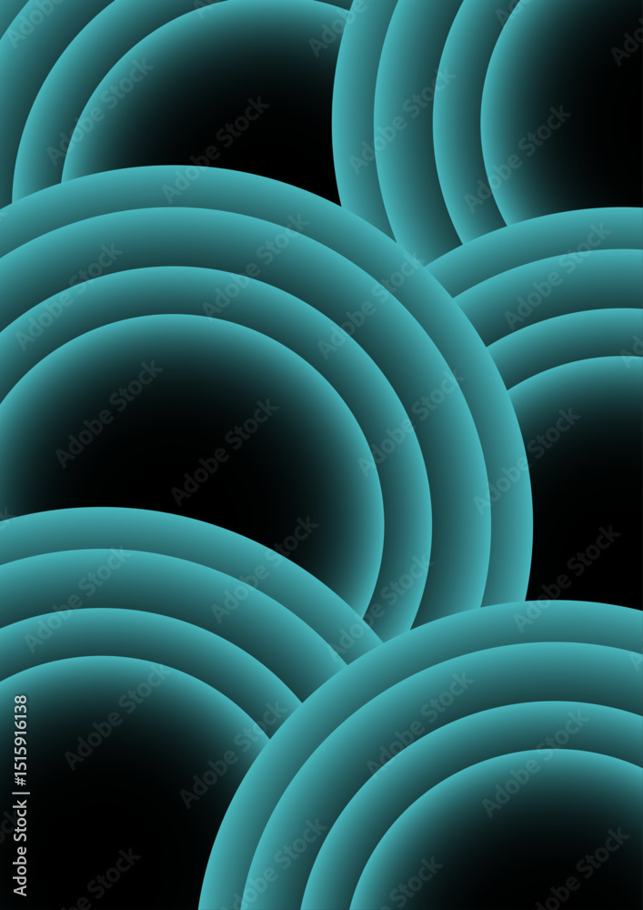 Poster Abstract digital artwork with concentric circular arcs in a soft teal glow in deep black background. Rhythmic and geometric pattern with diffused neon glow and futuristic and luminous light art.